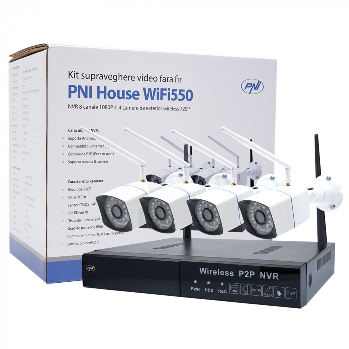 Kit supraveghere video PNI House WiFi550 NVR 1080P si 4 camere wireless de exterior 720P, P2P, IP66