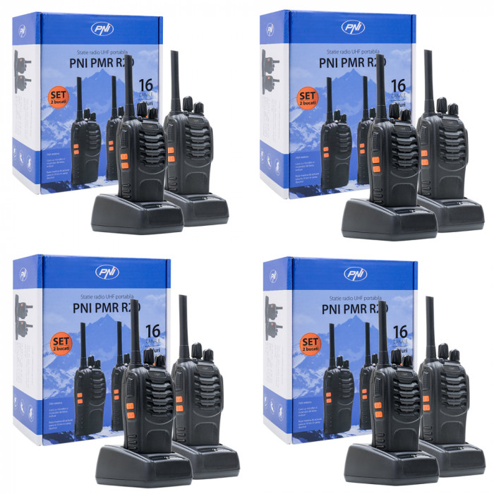 Kit 8 statii radio portabile PNI PMR R20 acumulatori, incarcatoare si casti incluse