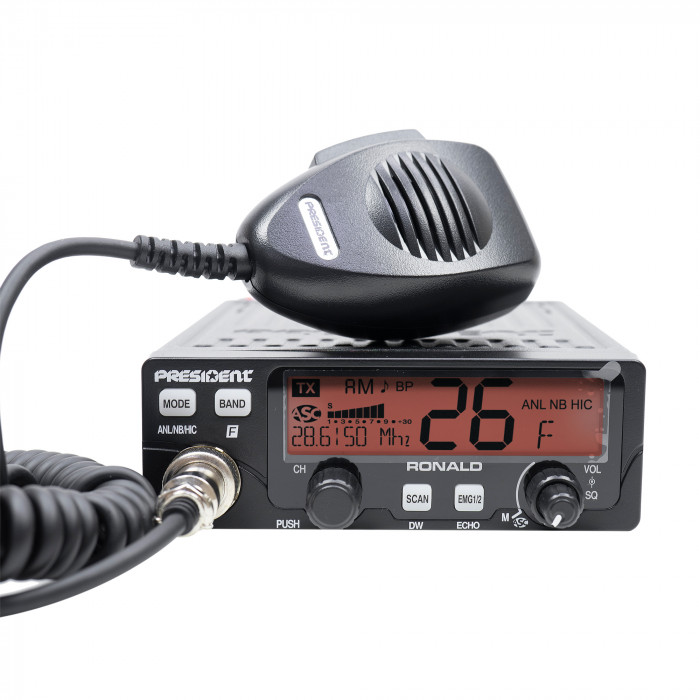 Statie radio CB President RONALD ASC 10/12M, AM-FM, 12V, Squelch manual si automat, Scan, RF Gain, Dual watch