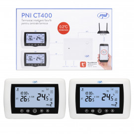 Termostat inteligent PNI CT400 fara fir, WiFi, control 2 zone prin Internet, pentru centrale termice, pompe, electrovalve, APP TuyaSmart