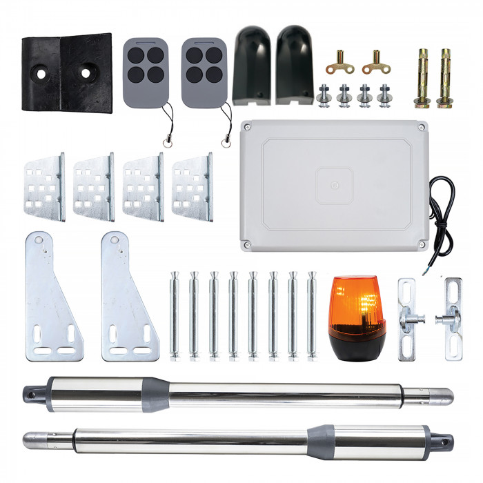 Kit automatizare porti batante PNI MAB300, cu 2 motoare 40W, telecomenzi si panou de control, fotocelule si lampa, lungime poarta 2 x 2.5m max, greutate poarta max 200Kg