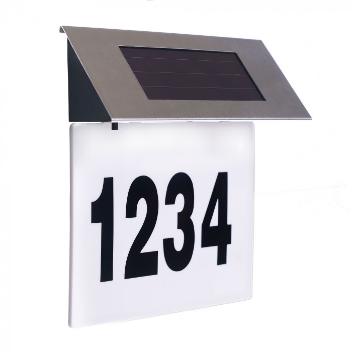 Placa numar poarta casa iluminata LED, incarcare solara, carcasa din INOX
