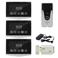 Kit videointerfon PNI DF780 cu 3 monitoare, ecran 7 inch, slot card, comanda 2 porti, inregistrare miscare eveniment