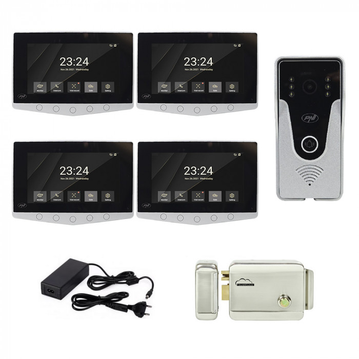 Kit videointerfon PNI DF780 cu 4 monitoare, ecran 7 inch, slot card, comanda 2 porti, inregistrare miscare eveniment