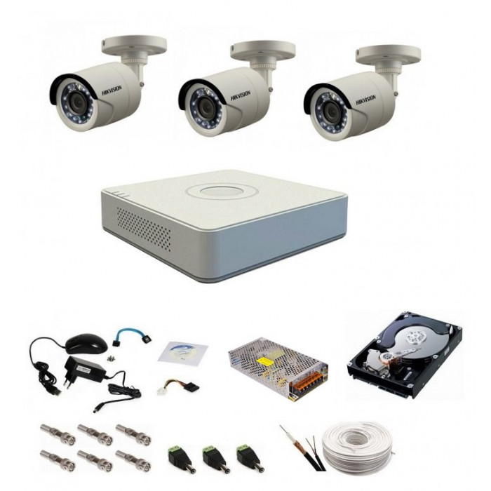 Sistem supraveghere complet 3 camere Hikvision Turbo HD 1080P, IR 20M