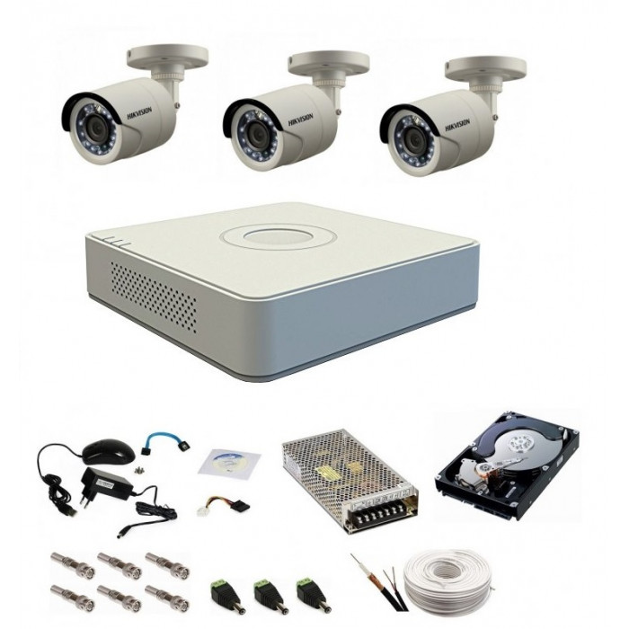 Sistem supraveghere complet 3 camere Hikvision Turbo HD 720P