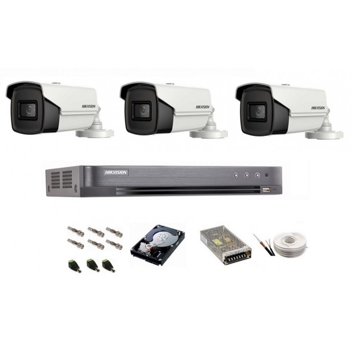 Sistem de supraveghere Hikvision Turbo HD,  4K / 8,3 Mp, 3 camere IR 60 m
