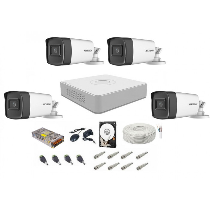 Sistem complet supraveghere 4 camere Hikvision 5 Mp, ir 80 m