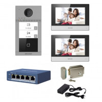 Kit videointerfon complet IP Hikvision pentru 2 familii
