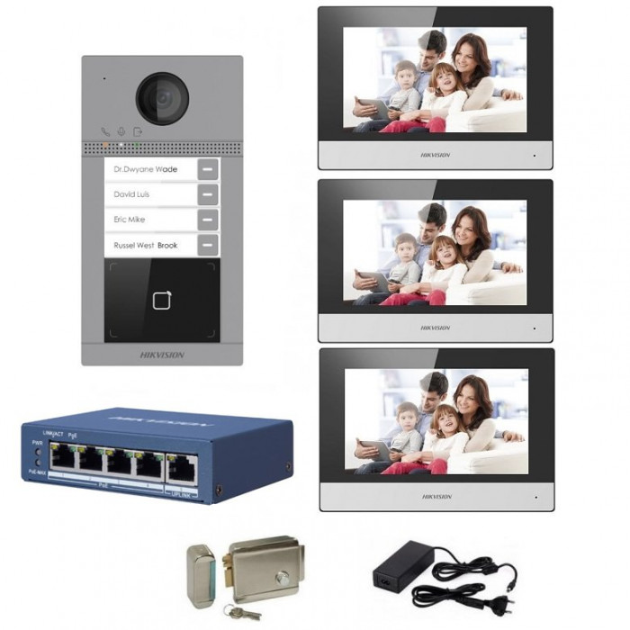 Kit complet videointerfon IP Hikvision pentru 3 familii
