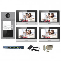 Kit complet videointerfon IP Hikvision pentru 4 familii