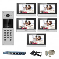Kit complet videointerfon IP Hikvision pentru 5 apartamente cu tastatura numerica