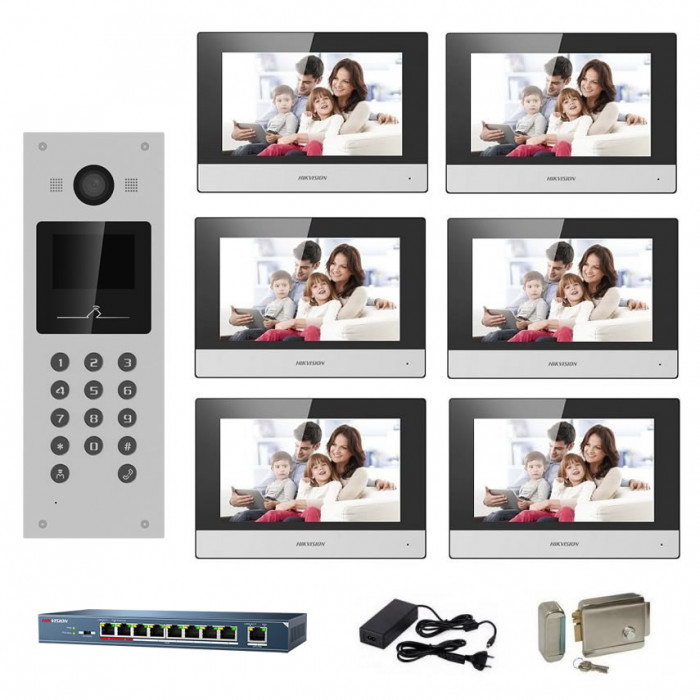 Kit complet videointerfon IP Hikvision pentru 6 apartamente cu tastatura numerica