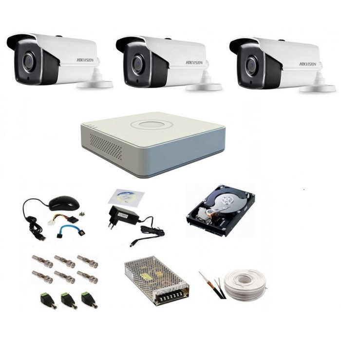 Sistem supraveghere complet, 3 camere 720P Hikvision TurboHD ir 80m