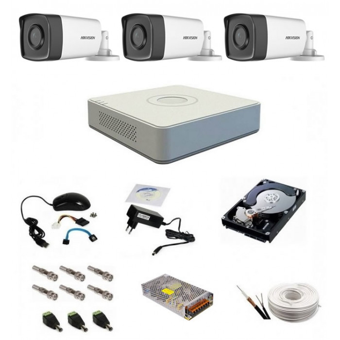 Sistem supraveghere complet, 3 camere 1080P Hikvision TurboHD ir 40m