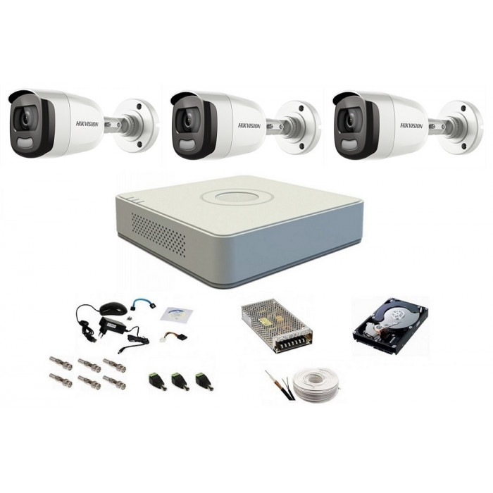 Sistem complet de supraveghere, 5 Mp, Hikvision, 3 camere ColorVU cu lumina alba 40 m, color noaptea