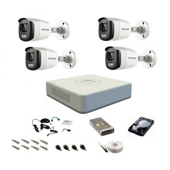 Sistem complet de supraveghere 5 Mp, Hikvision, 4 camere ColorVU cu lumina alba 40 m, color noaptea
