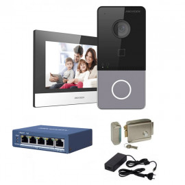 Kit complet videointerfon IP Hikvision pentru 1 familie, 1 post de interior