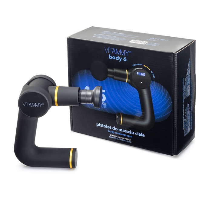 Aparat de masaj ergonomic tip pistol Vitammy Body 6, portabil, 4 capete de masaj, 5 trepte de viteza, baterie litiu-ion, USB-C, Negru