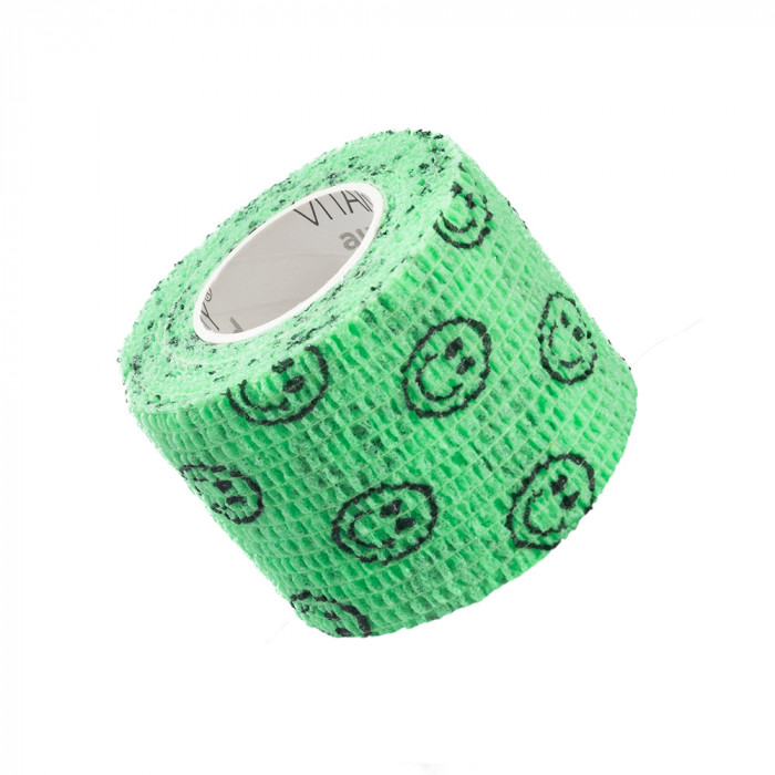 Bandaj elastic autoadeziv Vitammy Autoband, tehnologie cu microfibre, fara lipici, rezistent la apa, 5 x 450 cm, smiley face, Verde