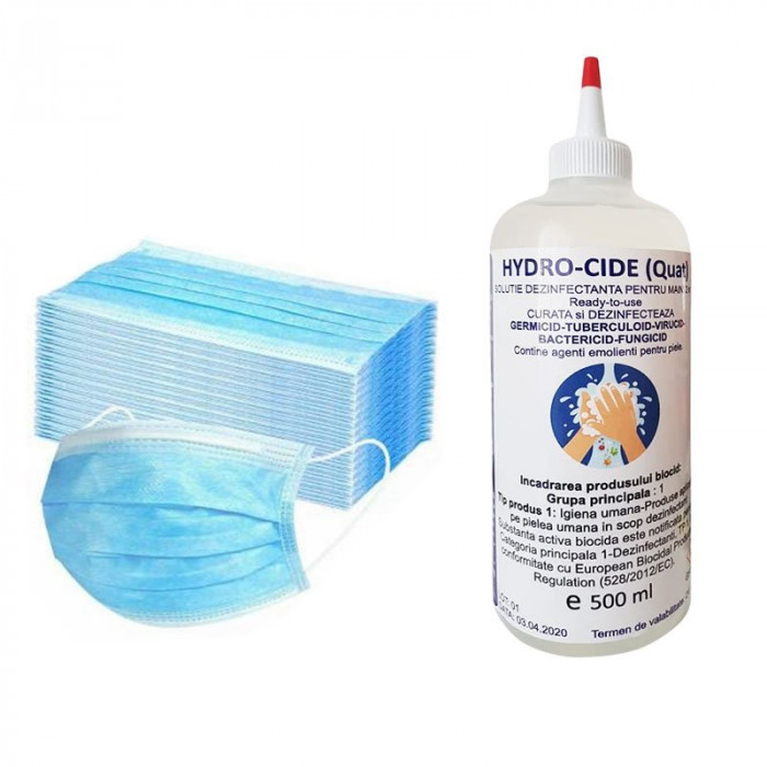 Set 50 bucati masti de protectie de unica folosinta + dezinfectant pentru maini Hydro-Cide, 500 ml