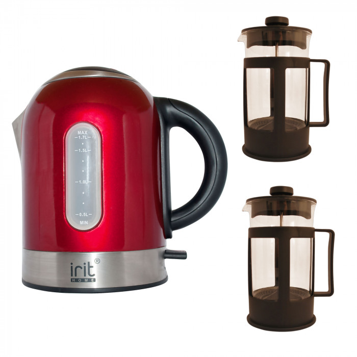 Pachet fierbator Irit IR-1323, 2200 W, 1.7 l, Rosu + 2 Prese de ceai / cafea Irit FR-06-014