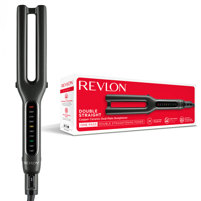 Placa dubla de indreptat parul REVLON One-Step Double Straight RVST2204E, 4 placi ceramice, 10 trepte temperatura, afisaj LCD