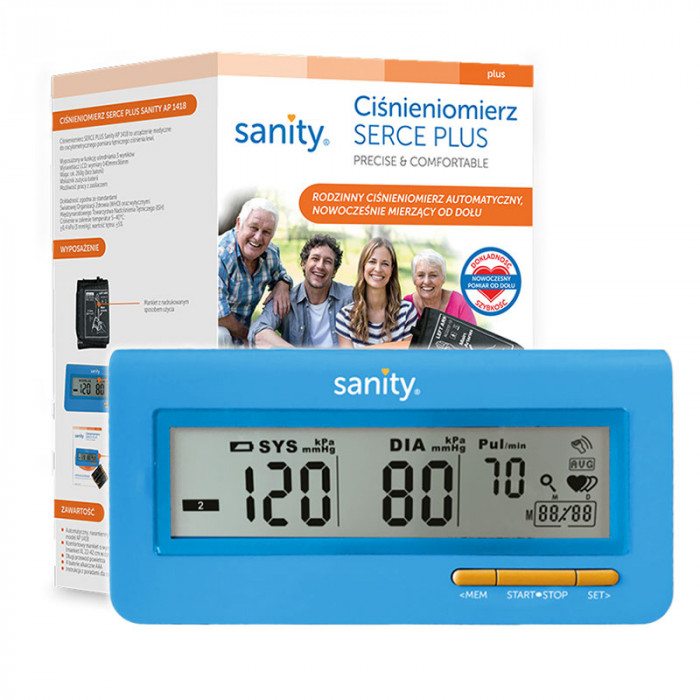 Tensiometru electronic de brat Sanity Serce Plus, 60 seturi de memorie, tehnologie FDS, Albastru