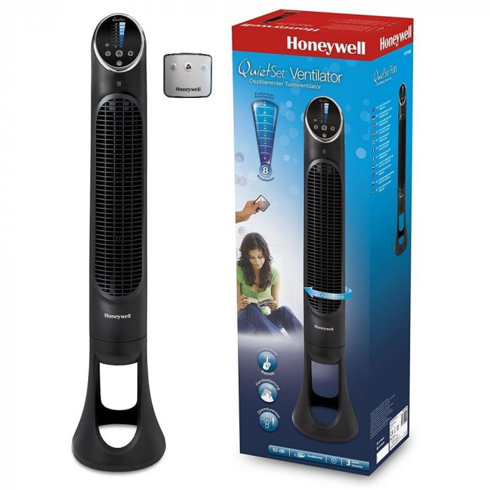 Ventilator turn Honeywell HYF290E QuietSet, 8 viteze, timer, 101 cm, zgomot redus, Negru