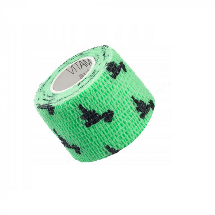 Bandaj elastic autoadeziv Vitammy Autoband, tehnologie cu microfibre, fara lipici, rezistent la apa, 5 x 450 cm, dinozauri, Verde