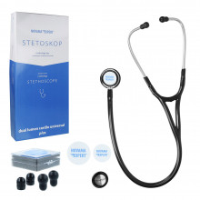 Stetoscop cardiologic Novama Expert, cap dublu din otel inoxidabil, 2 seturi de olive auriculare din silicon, o diafragma de schimb, Negru Stetoscop cardiologic Novama Expert, cap dublu din otel inoxidabil, 2 seturi de olive auriculare din silicon, o diafragma de schimb, Negru