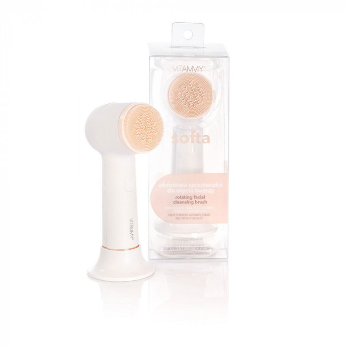 Perie rotativa de curatare a fetei Vitammy Softa, pentru fata, gat si decolteu, masaj, exfoliere, 400 rotatii/min., cap de perie din silicon interschimbabil