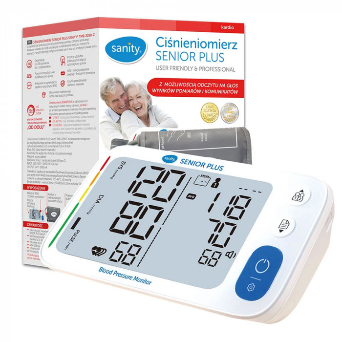 Tensiometru electronic de brat Sanity Senior Plus, memorare 2 utilizatori, manseta 22 - 32 cm, detectare aritmie, detectie miscarea corpului, cablu UBS, Bluetooth, husa de depozitare