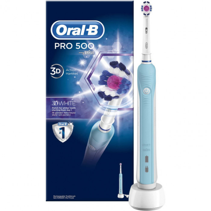Periuta electrica de dinti Oral-B PRO 500 3D White, 20000 pulsatii/min, 8800 oscilatii/min, Curatare 3D, 1 program, 1 capat