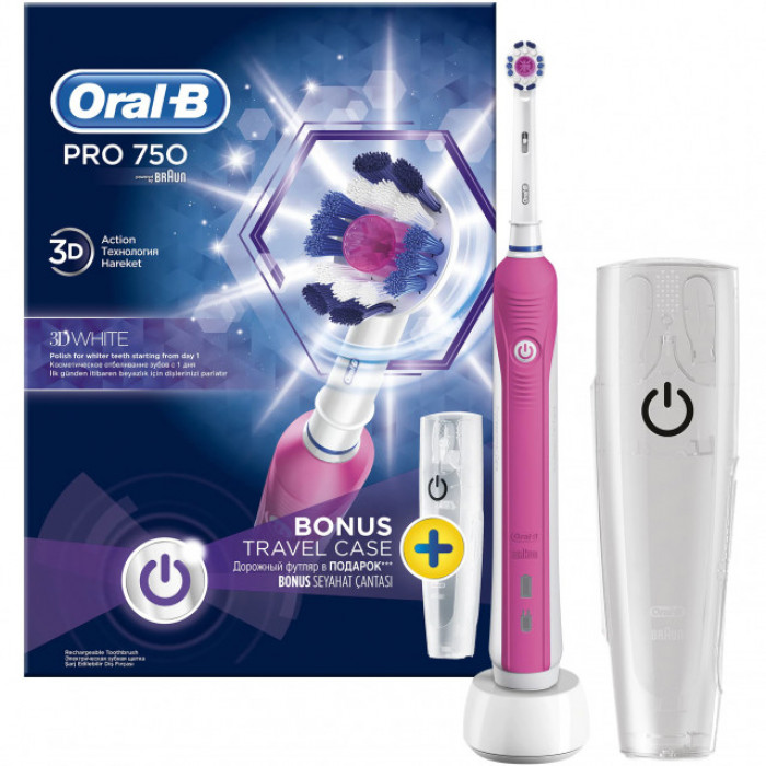 Periuta electrica de dinti Oral-B PRO 750 3D White, 40000 pulsatii/min, 8800 oscilatii/min, Curatare 3D, 1 program, 1 capat, Trusa de calatorie