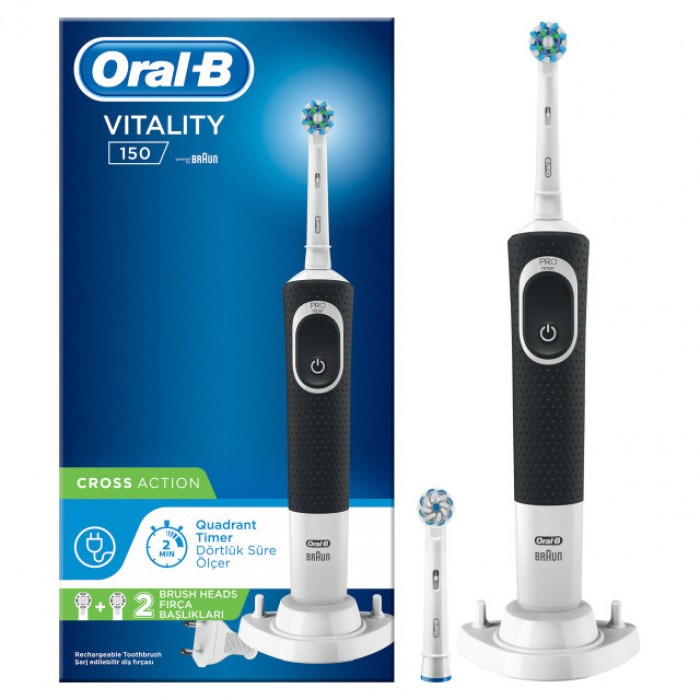 Periuta electrica de dinti Oral-B Vitality D100 Cross Action, 7600 Oscilatii/min, Curatare 2D, 1 program, 2 capate, negru