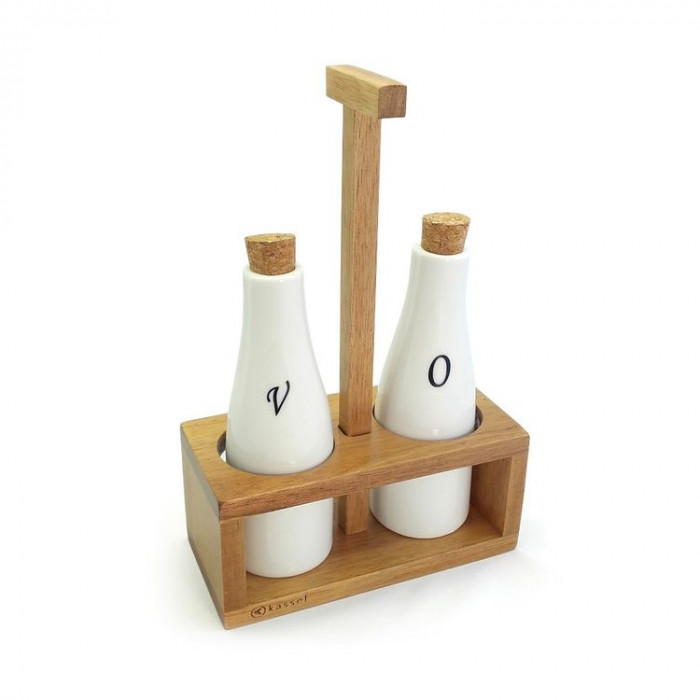 Set recipiente pentru ulei si otet Kassel, 3 piese, suport lemn de salcam, recipiente portelan