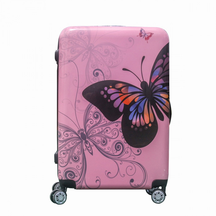 Troler pentru calatorie, din ABS si policarbonat, 75 cm, Fluturas Roz