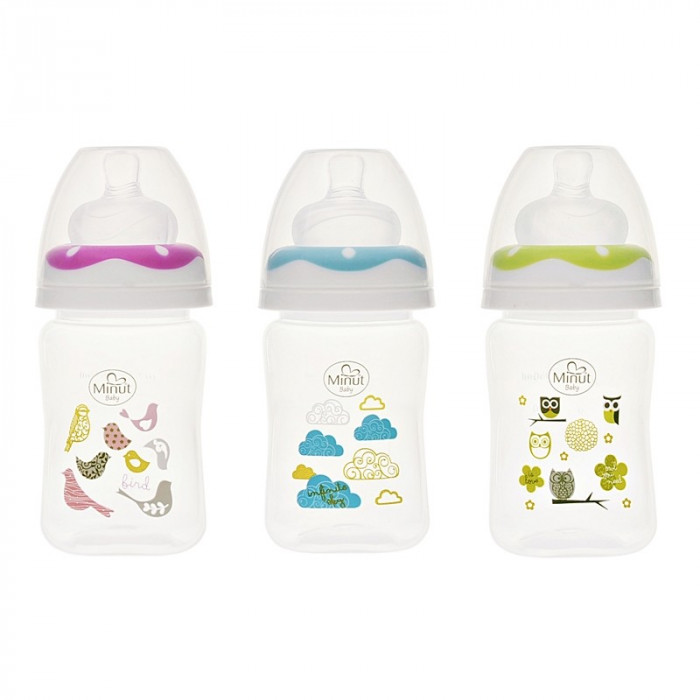Biberon gat larg 150 ml cu tetina silicon 0+ Minut Baby