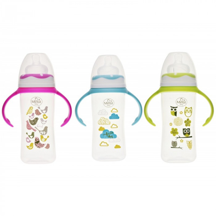 Biberon gat larg cu manere 270 ml cu tetina silicon 3+ Minut Baby