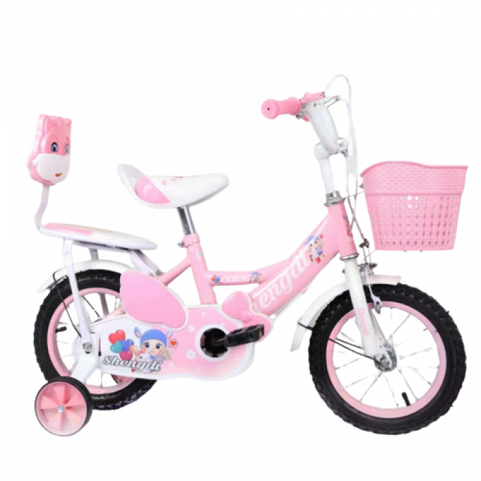 Bicicleta pentru copii intre 2 ani si 5 ani, Roz, Doua locuri si roti ajutatoare, Pedale si roti din cauciuc de 12 inch, Frane fata-spate, Cos depozitare, Ghidon si sezut reglabil