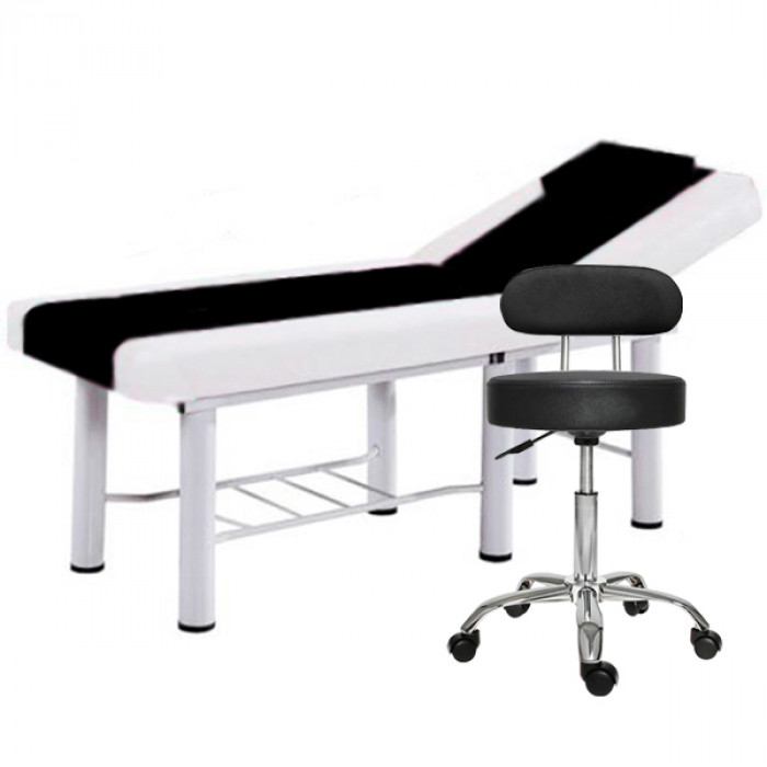 Set Pat cosmetica Alb-Negru, 186x70x70cm, Masa masaj profesional, 22kg, Piele ecologica + Scaun salon cu spatar Negru, Taburet rotativ pe roti