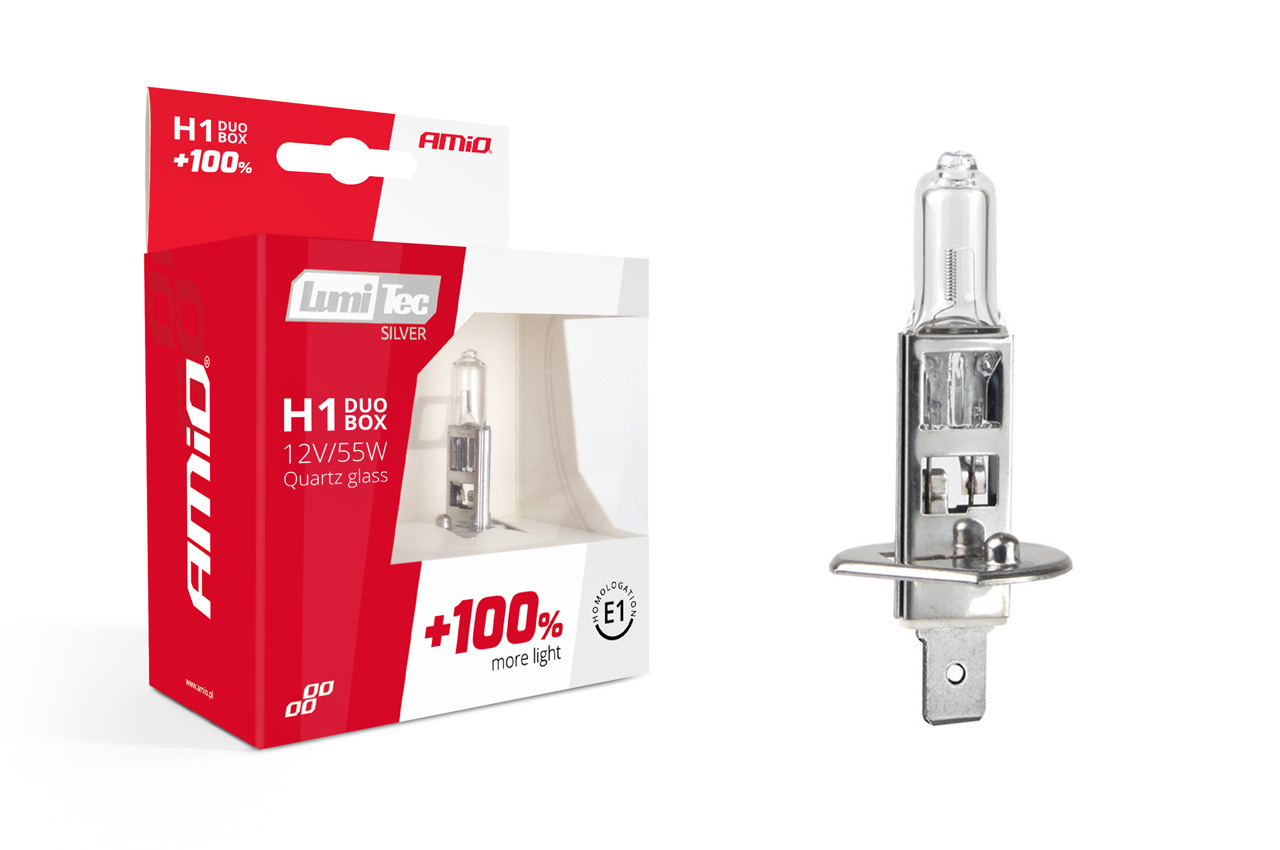 Set 2 becuri cu halogen H1 12V 55W LumiTec SILVER + 100% DUO BOX