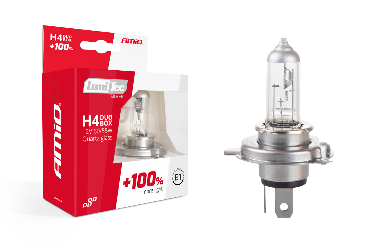 Set 2 becuri cu halogen H4 12V 60 / 55W LumiTec SILVER + 100% DUO BOX