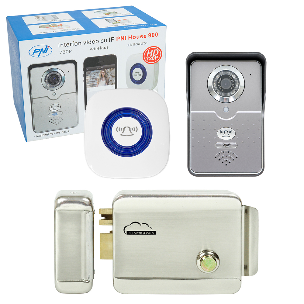Kit interfon video cu ip pni house 900 si yala electromagnetica silvercloud yr300 cu butuc