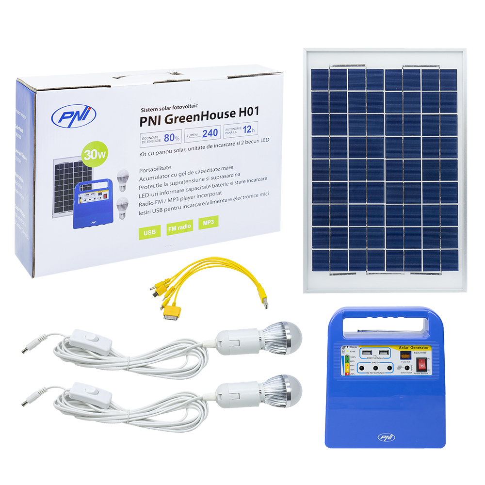 Sistem solar fotovoltaic pni greenhouse h01 30w cu acumulator 12v/7ah, usb/radio/mp3, 2 becuri led