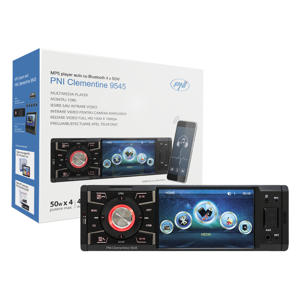 Mp5 player auto pni clementine 9545 1din display 4 inch, 50wx4, bluetooth, radio fm, sd si usb, 2 rca video in/out