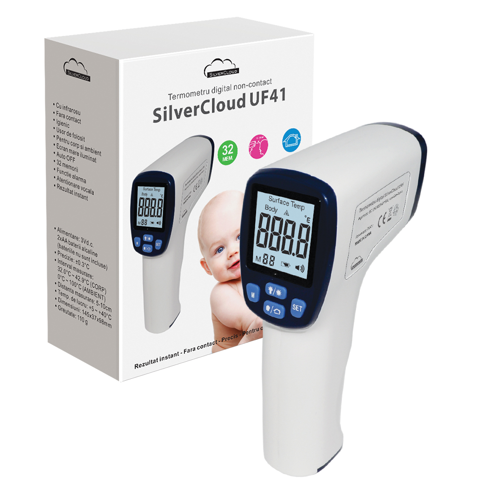 Termometru digital SilverCloud UF41 cu tehnologie infrarosu, non-contact, pentru corp sisuprafete, cu atentionare vocala