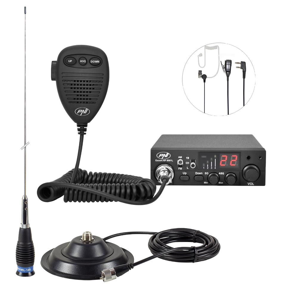 Kit statie radio cb pni escort hp 8001l asq + antena cb pni ml145 cu magnet 145/pl