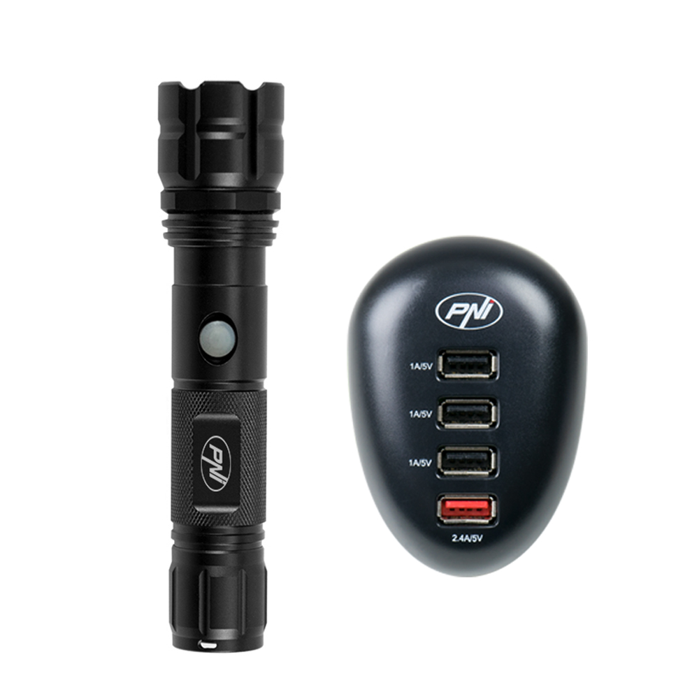 Pachet lanterna pni adventure f10 6w, 500lm, raza pana la 200m, focus si incarcator usb pni hc41, 4 porturi usb